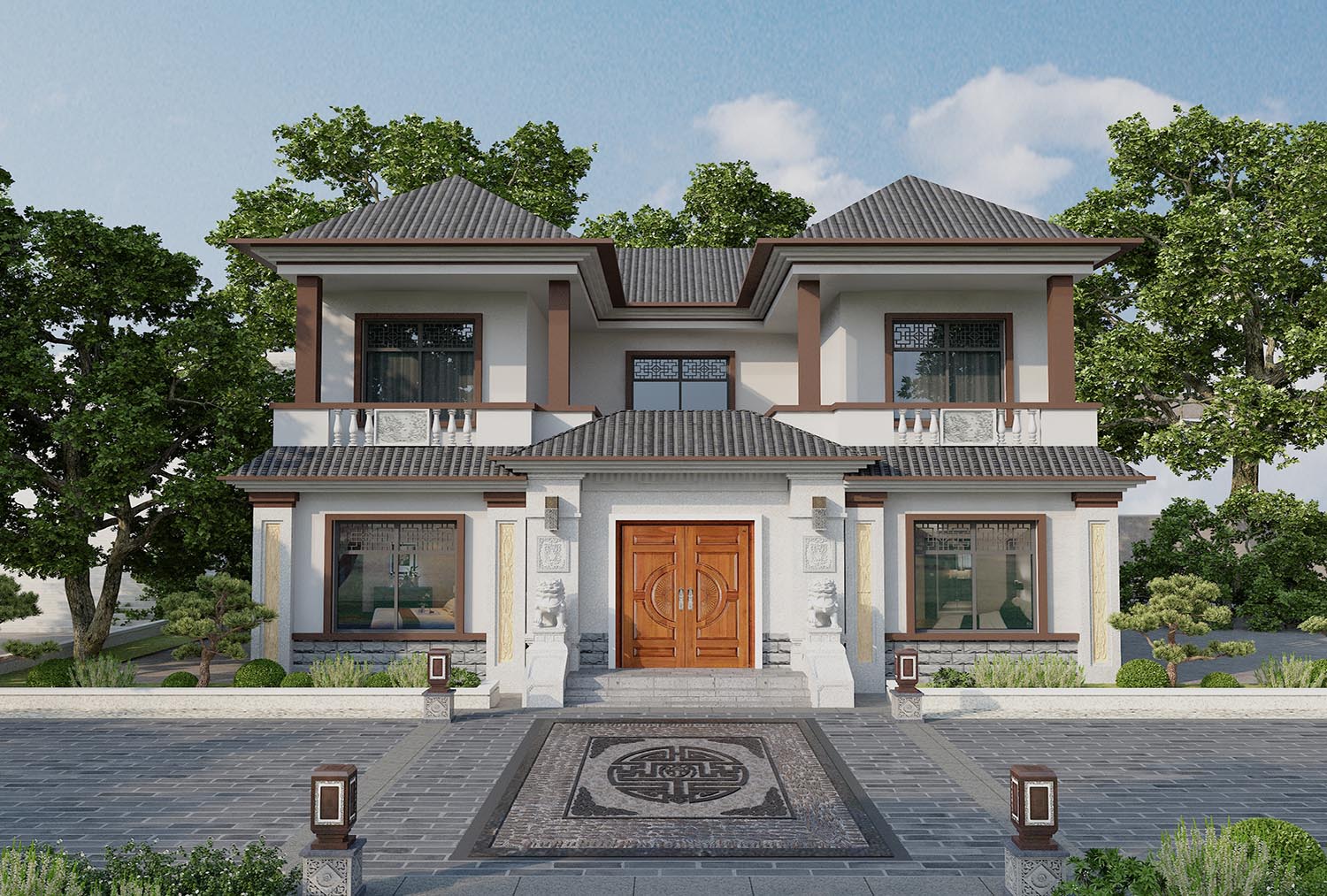 QH2051新中式风格二层自建房别墅设计图纸带阳台农村自建别墅设计效果图 - 青禾乡墅科技